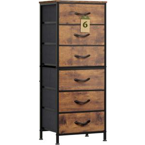 WLIVE Tall Dresser for Bedroom, 6 Drawer Dressers & Chests of Drawers, Fabric Dresser for Closet, Night Stand with Metal Frame, Storage Tower with Fabric Bins, Wood Top, Rustic Brown Wood Grain Print (11.73"D x 15.67"W x 39.37"H)