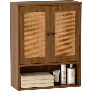 Bathroom Storage Cabinet,Rattan Cabinet Boho Chic Medicine Cabinet Over The Toilet Storage 3-Tier Cabinet Wall Mount with Double-Door for Kitchen,Dining Room,Living Room 19 x 7.68 x 24 in, 19.0x 7.68x24 in
