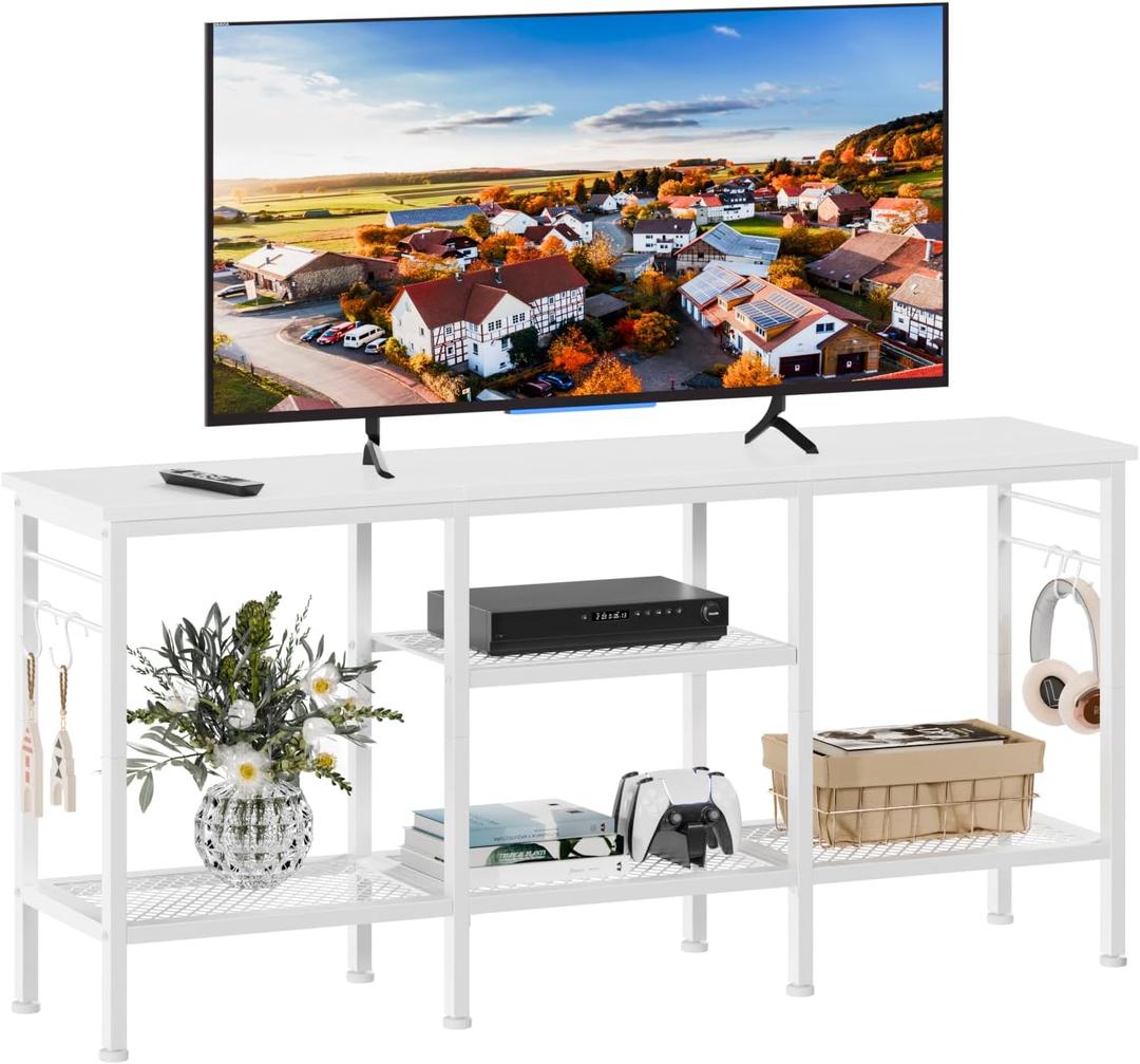 Furologee TV Stand for TVs up to 55 Inch, Entertainment Center with Open Storage Shelves, TV Media Console Table with Soundbar Shelf for Living Room, Bedroom, White (White)