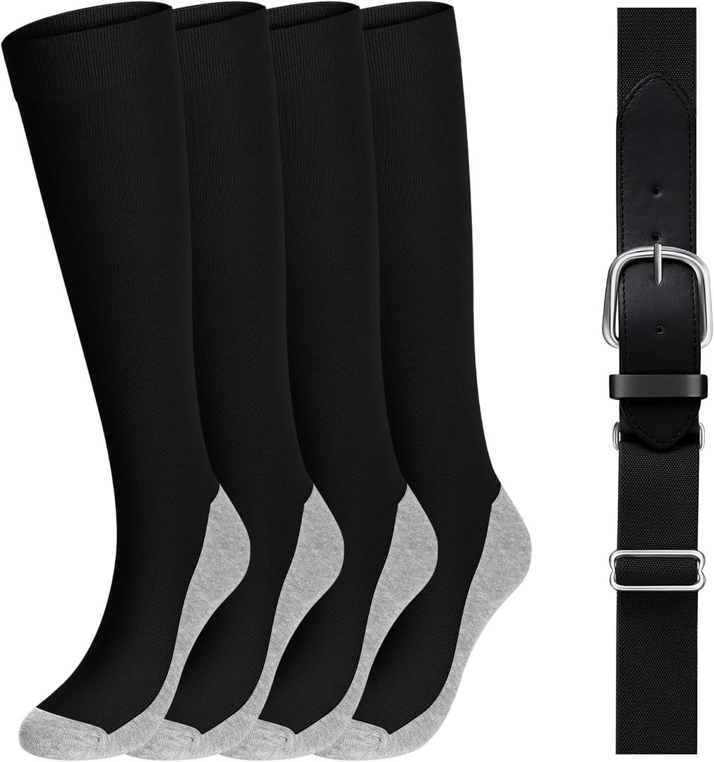 Haysandy Baseball Sock and Belt Combo Set of 2 Thick Adjustable Softball Socks with Elastic Waist Belt for Youth Adults (Large, Black)