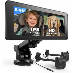Baby Car Camera for 2 Kids | 6.86" 1080P IPS Dual-Camera Split Screen Monitor - 360 Rotation IR Night Vision - USB Powered Headrest Mount Baby Car Cam