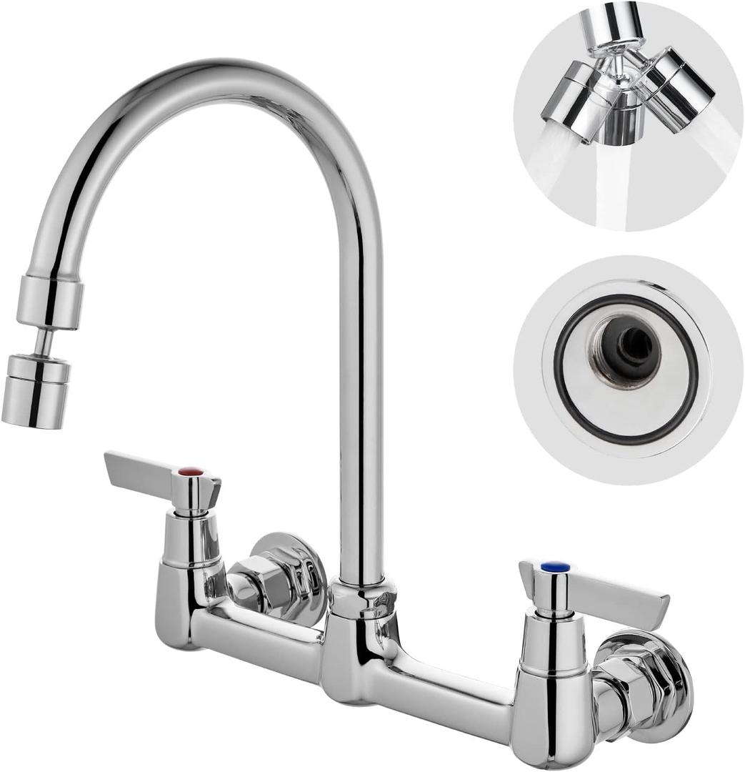 Airuida Wall Mount Kitchen Sink Faucet Wall Mounted Faucet 8 Inches Center Commercial Kink Tap 2 Handle Laundry Room Restaurant Compartment Sink Swivel Spout Without Adapters Chrome Polish