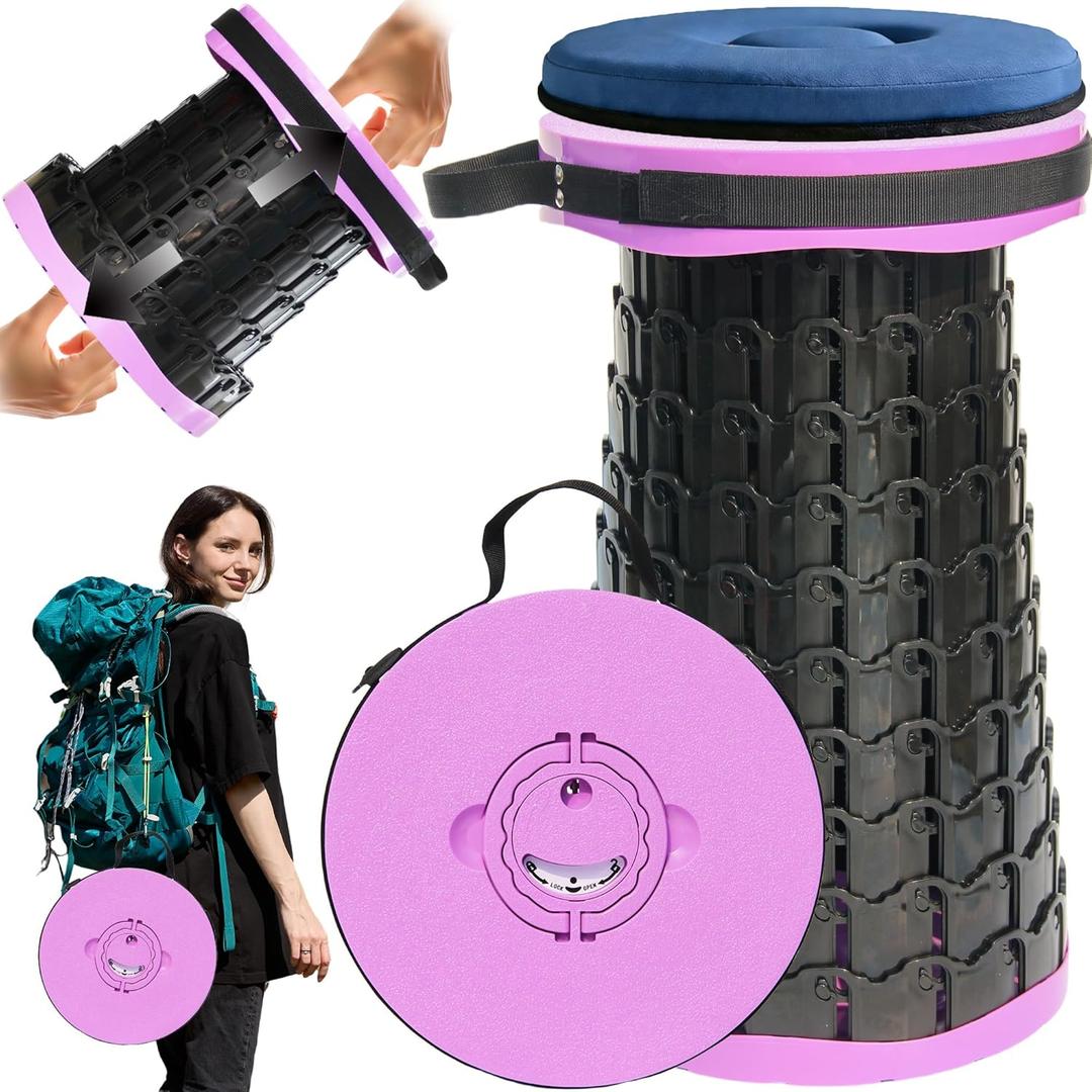 2026 Upgraded XXL Collapsible Stool with Thick Cushion,19.7"H-11.8"D Telescoping Folding Stool for Adults, More Sturdy Camping Stools with Load Capacity 1000lbs for Outdoor,Garden,Fishing,Hiking (Purple)