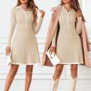 MEROKEETY Women's Long Sleeve V Neck Sweater Dress 2026 Fall Button Knit Pleated Mini Work Dresses (Beige, L)