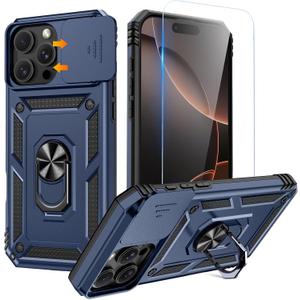 Goton Compatible for iPhone 16 Pro Case with Screen Protector - Slide Camera Cover Protective Phone Case with Ring Stand, Heavy Duty Shockproof Rugged Bumper for iPhone 16 Pro Accessories Blue