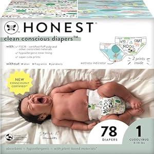 The Honest Company Clean Conscious Diapers for Delicate Skin | Up to 100% Leakproof | Hypoallergenic, Fragrance Free | Gender Neutral | Club Box, Size 1 (8-14 lbs), 78 Count (Prints May Vary)