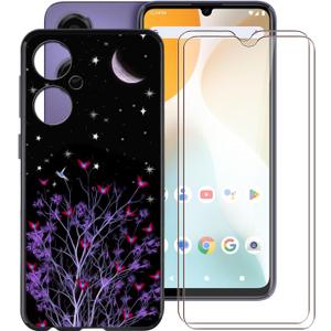 Shockproof Phone Case for BLU G64 (6.80") + 2 Pack Tempered Glass Protective Film, Slim Soft Silicone Shell Anti Scratch TPU Cover for BLU G64 - Purple Night