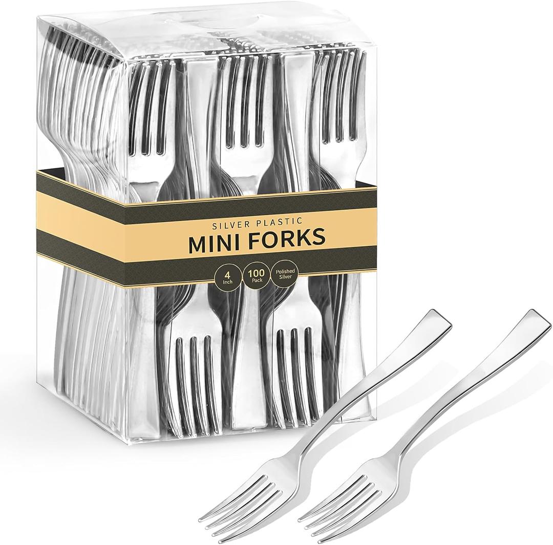 Qeirudu 4 Inch Silver Plastic Mini Forks, 100 Pack Disposable Appetizer Forks Heavy Duty Tiny Forks for Party Small Desserts, Charcuterie, Samples, Cocktails and Strawberries