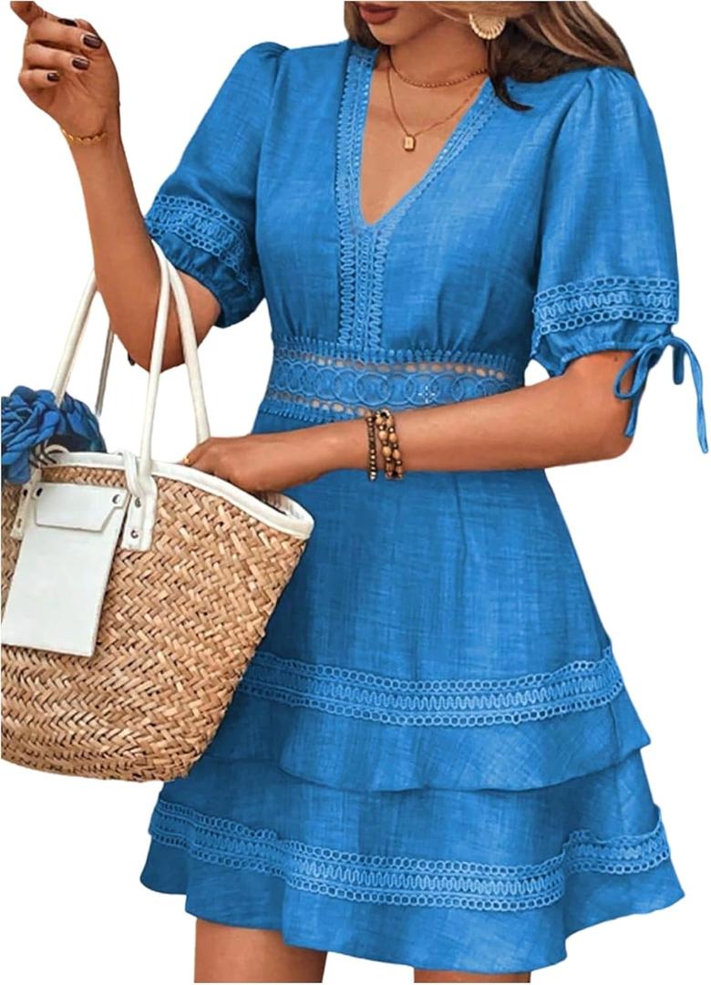 SOLY HUX Women's Summer Dress Hollow Out Lace V Neck Puff Short Sleeve A Line Layered Short Dresses, Medium