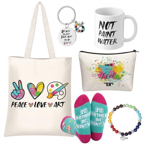 Mepase 6 Pcs Painting Artist Gift Sets for Women Include Canvas Tote Bags Makeup Bag Bracelets Keychain 11 oz Mug Novelty Socks Birthday Appreciation Gift for Art Lover Teacher Artists Painters