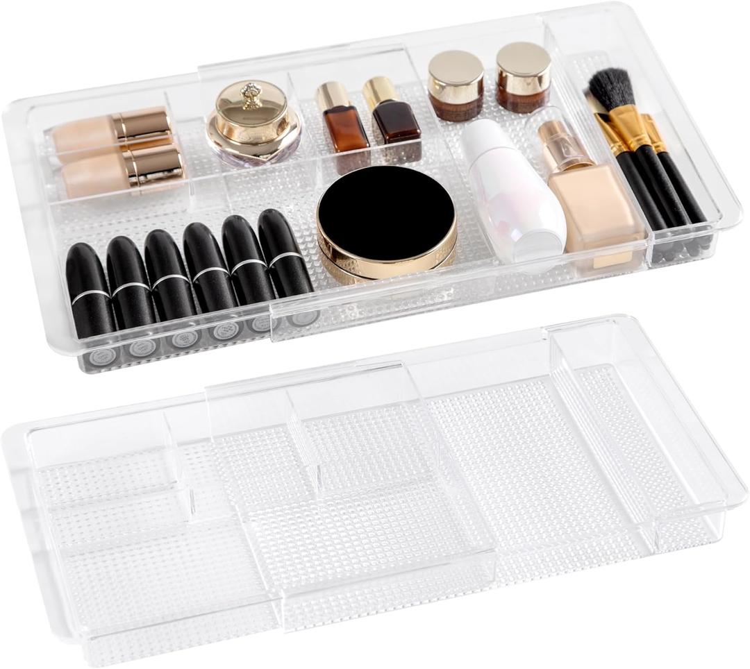 Oubonun Expandable Drawer Organizer 11.1 to 19.2 Width, Shallow Cosmetic Organizer 1.3 Height, 2 Packs, Clear Plastic Storage Trays for Dressing Table,Bathroom