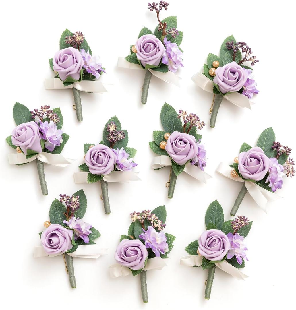 Ling's Moment Boutonniere for Men, 10pcs Groomsmen Guest Boutonniere, Artificial Flowers for Wedding Dcor/Prom/Homecoming, etc, Purple Lilac Ling's Moment Boutonniere for Men, 10pcs Groomsmen Guest Boutonniere, Artificial Flowers for Wedding Dcor/Prom/Homecoming, etc, Purple Lilac