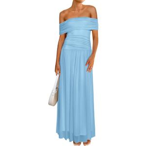 MASCOMODA Women Off The Shoulder Mesh Maxi Dress Bodycon Ruched Formal Sleeveless Pleated Cocktail Wedding Guest Long Dresses (Blue, L)