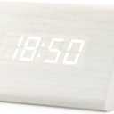 OCT17 Wooden Wood Clock, New Version LED Alarm Digital Desk Clock Adjustable Brightness, Alarm Time, Displays Time Date Temperature - White