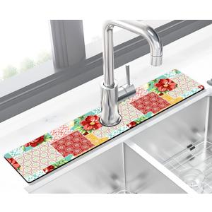 Kitchen Sink Splash Guard Faucet Mat Super Absorbent Fast Drying Mat Sink Gadgets Splash Guard Behind Faucet Drip Catcher for Kitchen (Boho Trellis, 23.5x5.5in)