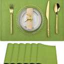 SLKQG Green Linen-Look Placemats Set of 6, Heat Resistant & Machine Washable Double-Layered Cloth Placemats for Dining Table, Indoor/Outdoor Use, Non-Slip Kitchen Table Mats (6, Green)