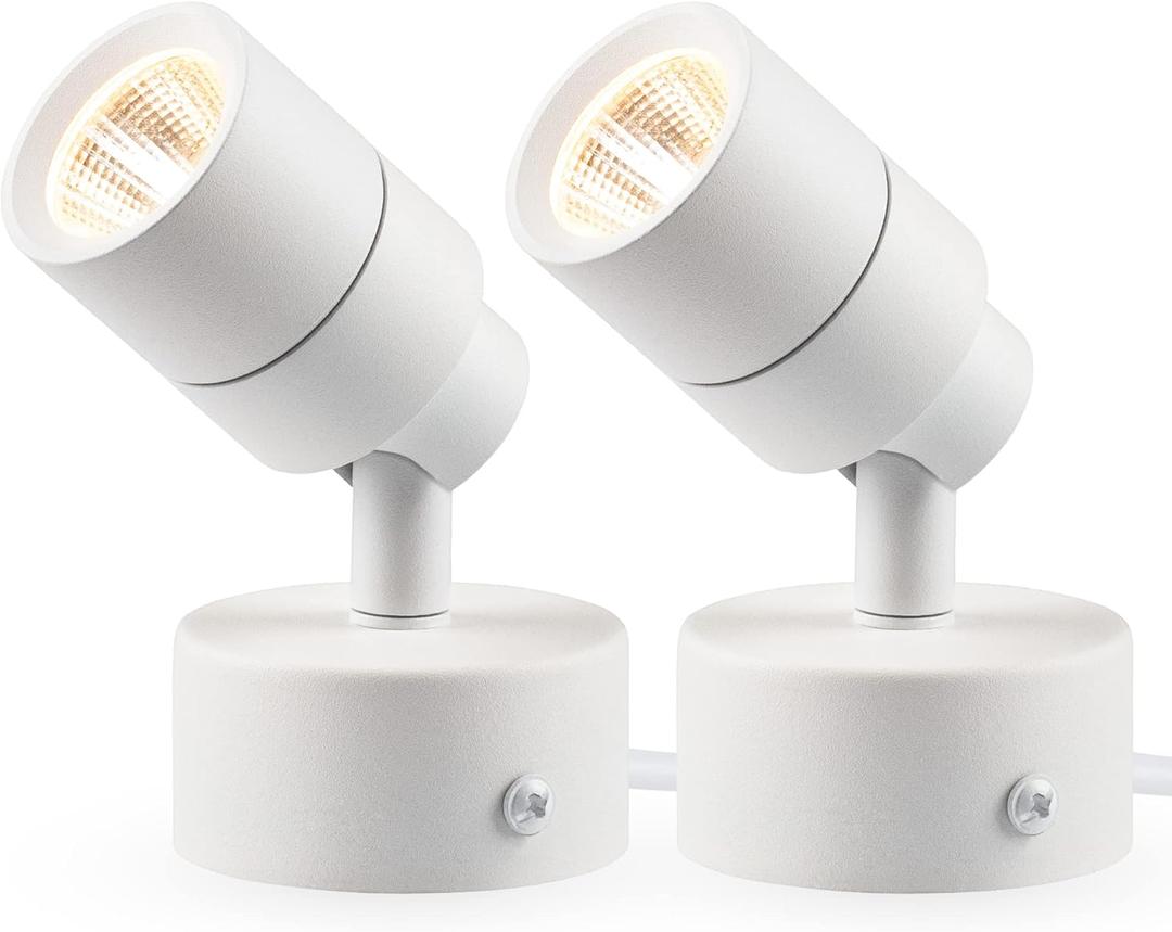 SUNVIE 2 Pack LED Up Lights Indoor, 3W Spot Lights for Indoor Use with 3000K Warm White, 120V Spotlights for Plants Pictures Artwork Uplighting & Accent Lighting, 5.9 FT Plug Cord with Foot Switch