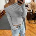 Womens Classy Tops Off Shoulder Long Sleeve T Shirt Ruched Casual Slim Fit Going Out Blouse (Gray)