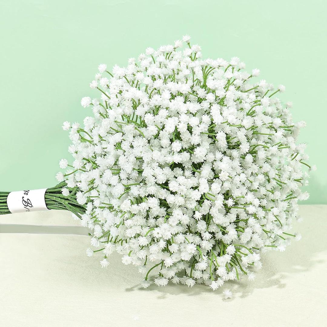 Pusuny Baby Breath Artificial Flowers, 6 Pcs Gypsophila Faux White Flowers Fake Baby Breath Real Touch Flowers Bouquets for Bride Wedding Decorations Party Floral Arrangements DIY (White)