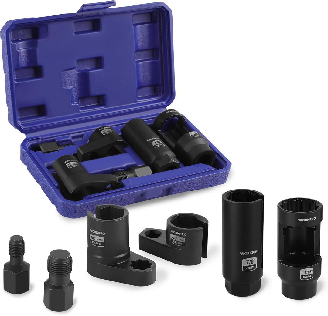 WORKPRO 6PCS O2 Oxygen Sensor Socket, Automotive 3/8" 1/2" Drive x 1-1/16" 7/8" 27mm 22mm O2 Sensor Socket Removal Tool and Thread Chaser Set, for Oil Pressure Vacuum Thermal Oxygen Sensors