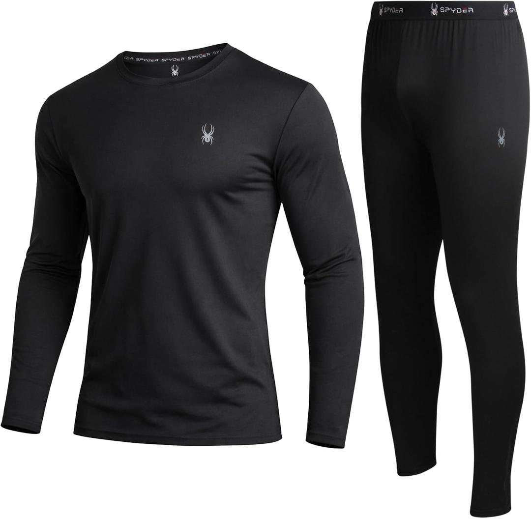 Spyder Mens Thermal Underwear Set - 2 Piece Soft Stretch Fleece Lined Thermal Shirt and Long Johns for Men Base Layer Set (Small, Black)