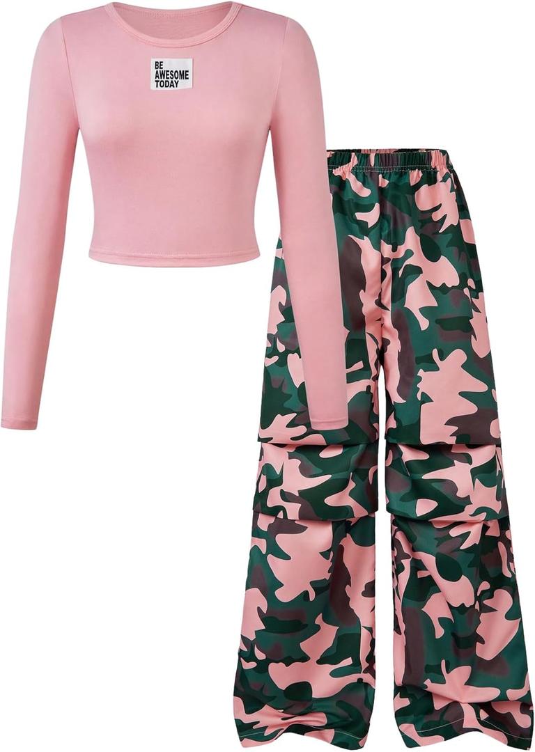 Girl's 2 Piece Outfits Long Sleeve Crewneck T Shirt and Wide Leg Camo Pants Set Casual Streetwear (11Y)