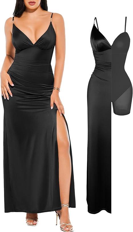 Popilush Women's Sexy Maxi Dress Deep V Neck Ruched Shapewear Dresses Side Slit Formal Cocktail Party Dress, Black, Small