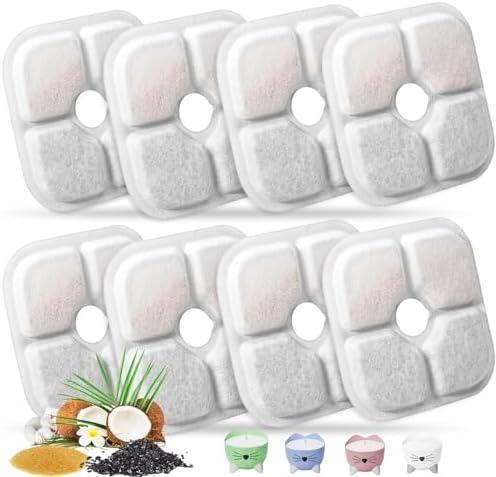 Cat Water Fountain Replacement Filters Fit for 2.5L Fountain with Whiskers Pattern Triple Action Water Pet Cat Drinking Fountain Filter Pack of 8