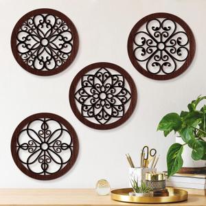 4 Pieces Thicken Rustic Wall Decor Farmhouse Wall Art Decor Wooden Hollow Carved Design Rustic Round Wall Art for Living Room Bedroom Hallway Decor Office Kitchen Wall (Black, Brown, 16 x 16 Inch)