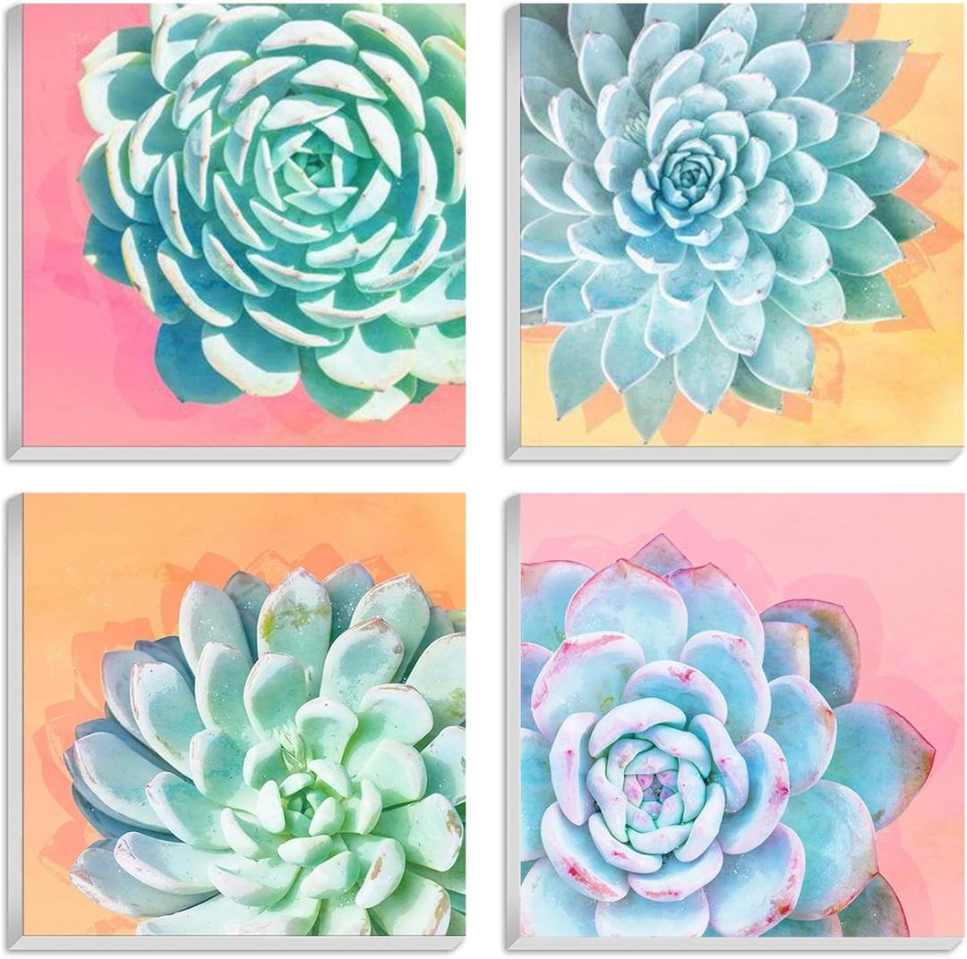 4 Pack 10"x 10" Framed Paint by Number for Adults Canvas - Succulent Flowers Framed Paint by Numbers for Adults Kids Beginners - Acrylic Oil Easy Paint by Number Kits on Canvas with Frame (OP-16)