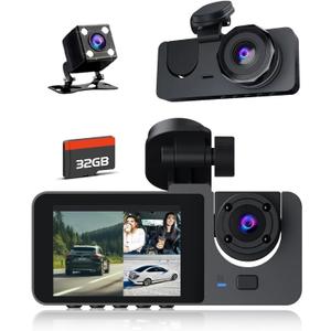 Dash Cam Front and Rear Inside, 4K Full HD Triple Dash Camera for Cars, Car Camera with 32GB Card,Built-in Loop Recording,G-Sensor,24H Parking Monitor,WDR,Accident Lock (Black(X1))