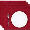 Kevin Textile Christmas Burlap Linen Placemats Set of 6 Heat Resistant Dining Table Place Mats Washable Kitchen Table Mats for Dinning Party Holiday Indoor Outdoor, 13 x19 inches, Burgundy