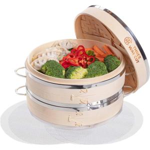 Dumpling Bamboo Steamer 10 Inch 2 Tier Wooden Basket With Handle, Reusable Silicone Liner, Kit For Cooking Baby Bao Bun, Dim Sum, Rice Potsticker Steaming Chinese Asian Food & Vegetables