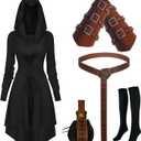 Renaissance Costume Women Hooded Robe Lace Up Dress Halloween Vintage Medieval Cloak (X-Small, Black)