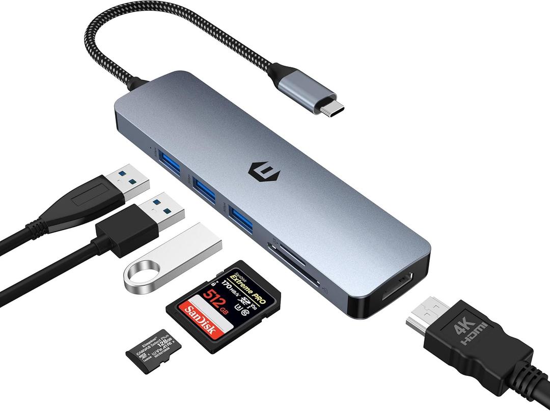 USB C Hub, 6 in 1 USB C to USB Adapter, USB C Multiport Dongle with 4K HDMI, 3 x USB 3.0, SD/TF Card Slot Ideal for New Mac Pro/Mac Air and Various Type C Devices