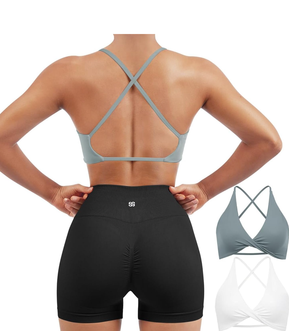 SUUKSESS Women 2 Piece Open Back Strappy Sports Bra Pack Twist V Neck Workout Crops, M