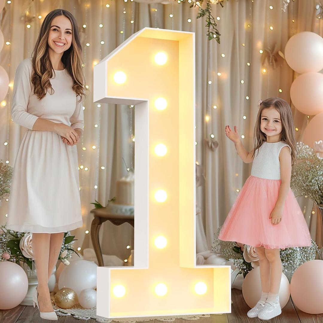 Pooqla 4 FT Light Up Numbers, Giant Marquee Numbers 1 for 1st 16th 21st Birthday Decorations, Pre-Cut Frame Lighted Number 4 Feet Tall for Balloons Anniversary Wedding Party Decorations, Number 1
