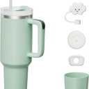 KISSKIND - Vaso de 40 onzas con tapa a prueba de fugas con pajilla, asa y funda de silicona, taza de caf para viajes, botella de agua de acero inoxidable, vaso aislado para bebidas fras y calientes