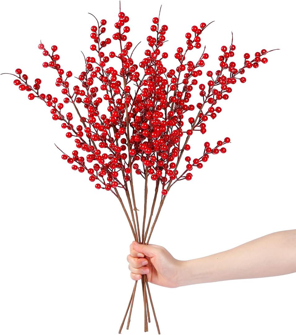 Sggvecsy 6 Pack Artificial Red Berry Stems Christmas Red Berries Holly Berry Branches 25.2 Inches Fake Burgundy Berry Picks for Floral Arrangements Christmas Tree Holiday Home DIY Crafts Decor
