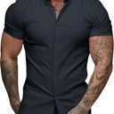 URRU Men's Muscle Dress Shirts Slim Fit Stretch Short Sleeve Casual Button Down Shirts for Men (Gray)