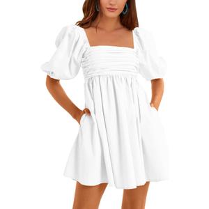 Ebifin Womens Square Neck Dresses Half Puff Sleeve High Waist A-Line Casual Backless Smocked Short Babydoll Mini Dress (White, S)