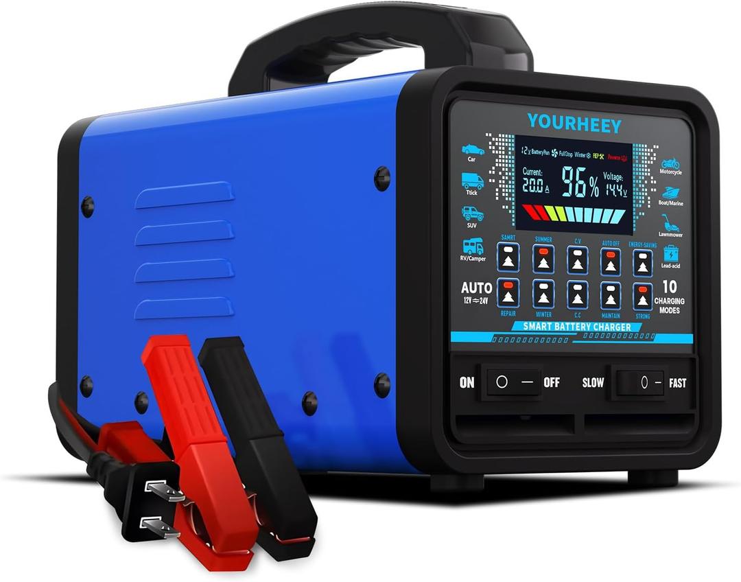 2026 Upgraded 12V/24V 0-20A Heavy Duty Battery Charger/Maintainer with Auto Shutoff, Repair & Winter Mode, 10 Modes & Color Screen for Car, Truck, Motorcycle, RV, Boat, Lawn Mower, Deep Cycle Chargers