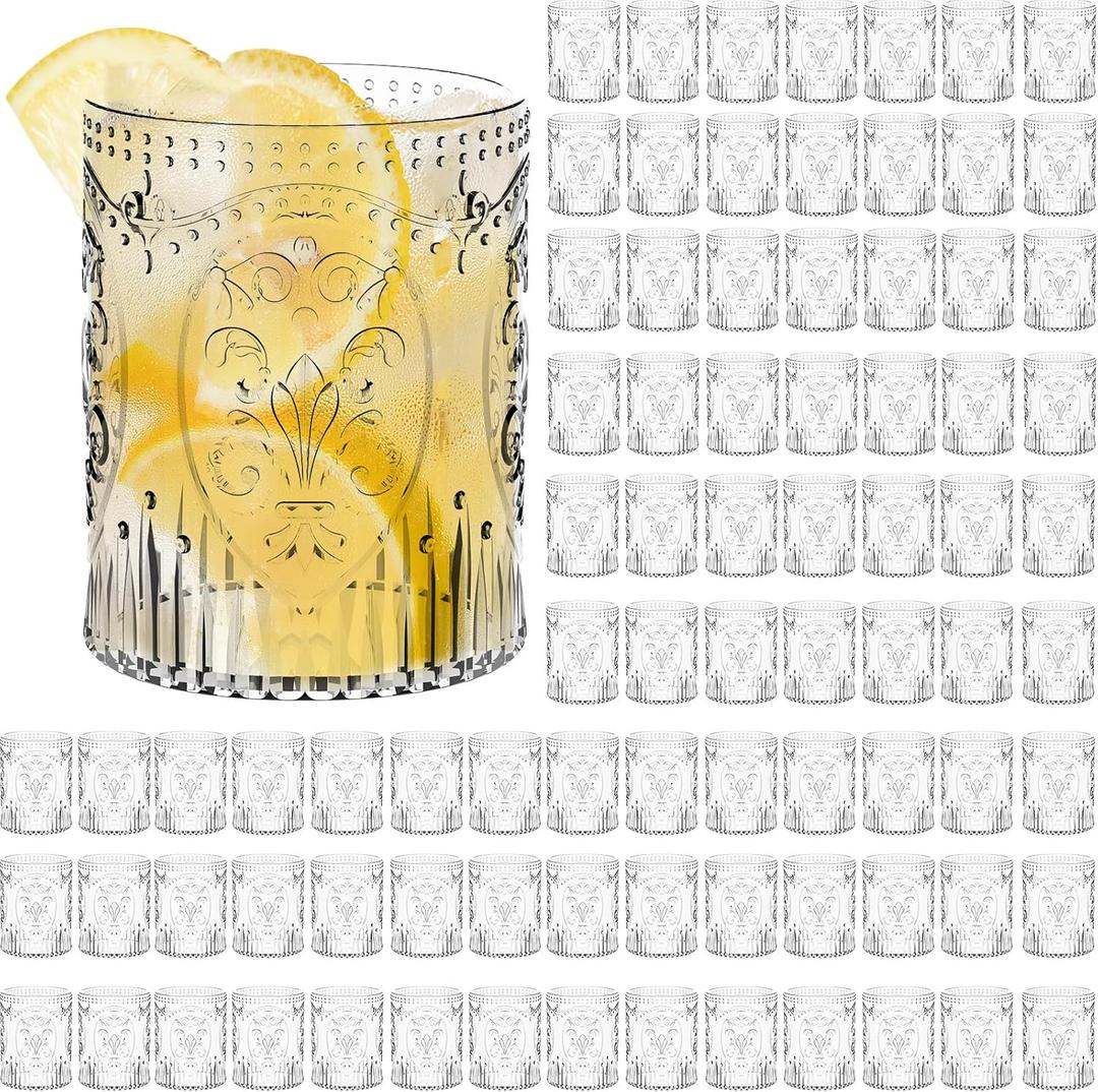 100 Plastic Vintage Drinking Glasses 8.5oz Stemless Retro Embossed Wine Glasses Shatterproof Reusable Cups for Baby Shower Wedding Reception Grand Event Party (Clear)