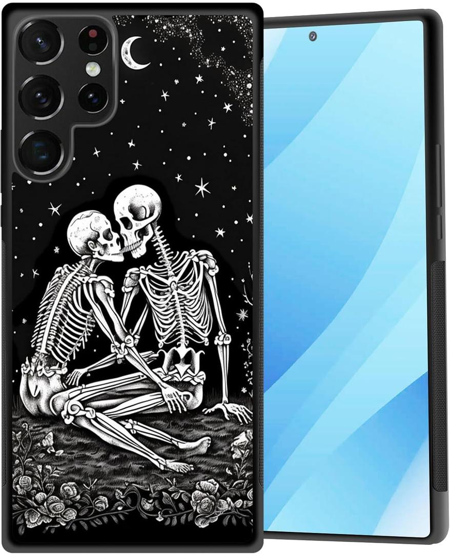for Galaxy S22 Ultra Case,Hard PC+Soft TPU Bumper Anti-Slip Ultra Thin Cover Protective Shockproof Case for Samsung Galaxy S22 Ultra 6.8 Inch 2022,Skulls Kissing Lovers Skeleton