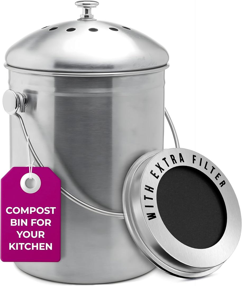EPICA Countertop Compost Bin Kitchen | 1.3 Gallon | Odorless Composting Bin with Carbon Filters | Indoor Compost Bin with Lid | Stainless Steel Kitchen Composter for Food Scraps & Waste Recycling (silver)