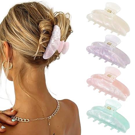 4Pcs Large Acrylic Hair Claw Clips  Strong Hold Thick Hair Banana Barrettes for Women Girls (Hair Clips, Banana(gray/champagne/green/pink))