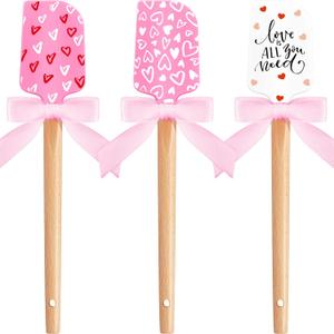 3 Pcs Valentine Silicone Spatulas with Wooden Handles Valentine Pattern Heat Resistant Baking Silicone Spatulas with Pink Satin Ribbon Bows for Baking, Cooking and Sautéing