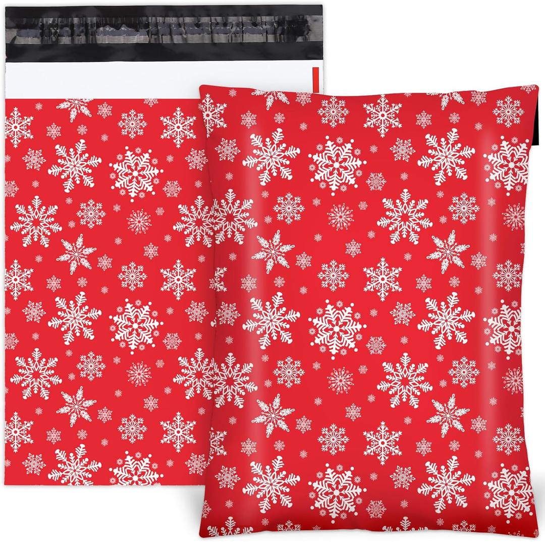 100Pcs Christmas Poly Mailers 10 x 13Inch Red Winter Snowflake Shipping Bags with Self Sealing Classic Xmas Holiday Bag Envelopes for Small Business Boutique Clothing