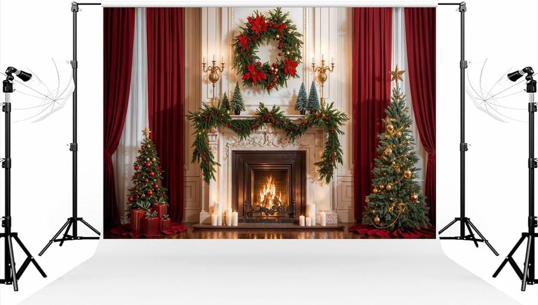 Kate 10×6.5ft (3×2m) Christmas Tree Photo Backdrop Christmas Fireplace Xmas Tree Christmas Wreath Decoration Red Curtains Photography Background for Christmas Photographer Studio Props