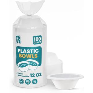 R-kay Plastic Bowls - 100 Count Microwavable Disposable Bowls - Strong Heavy Duty And Sturdy White Plastic Bowls Disposable (12 OZ, 100)